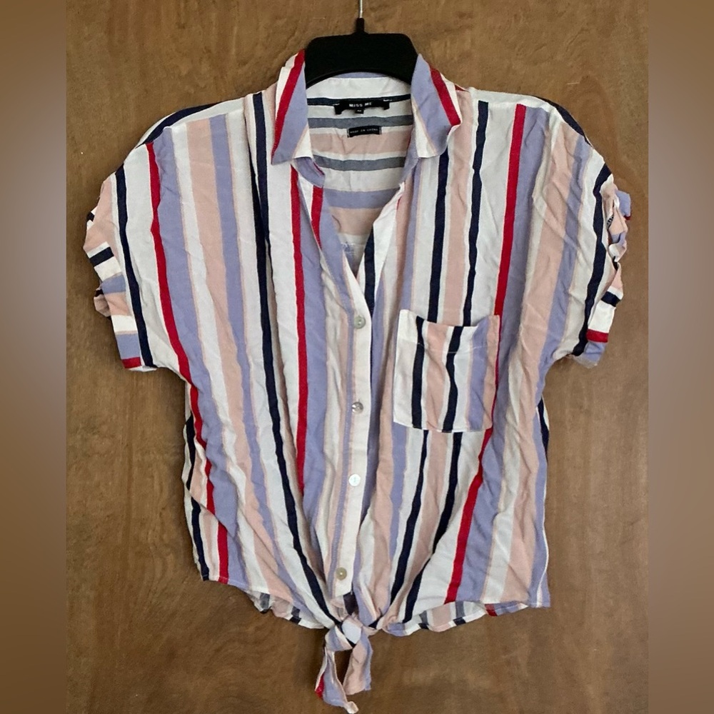 MISS ME Woman Short Sleeve Button Up Striped Crop Top With Pocket 100% Viscose M
